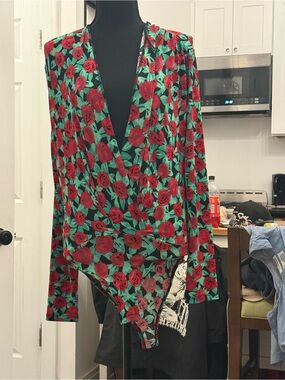 Zara Red Rose Print Wrap-Front Bodysuit on Green